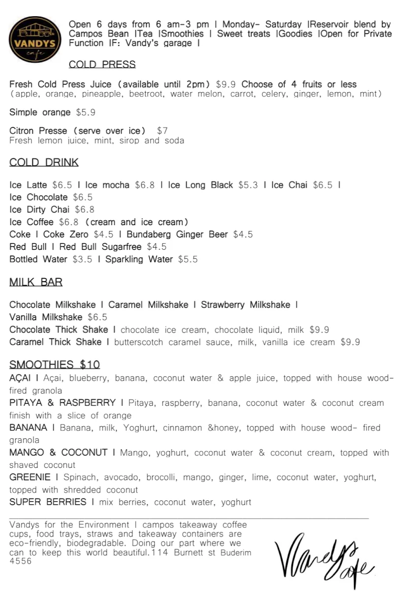 Menu, Vandys Cafe