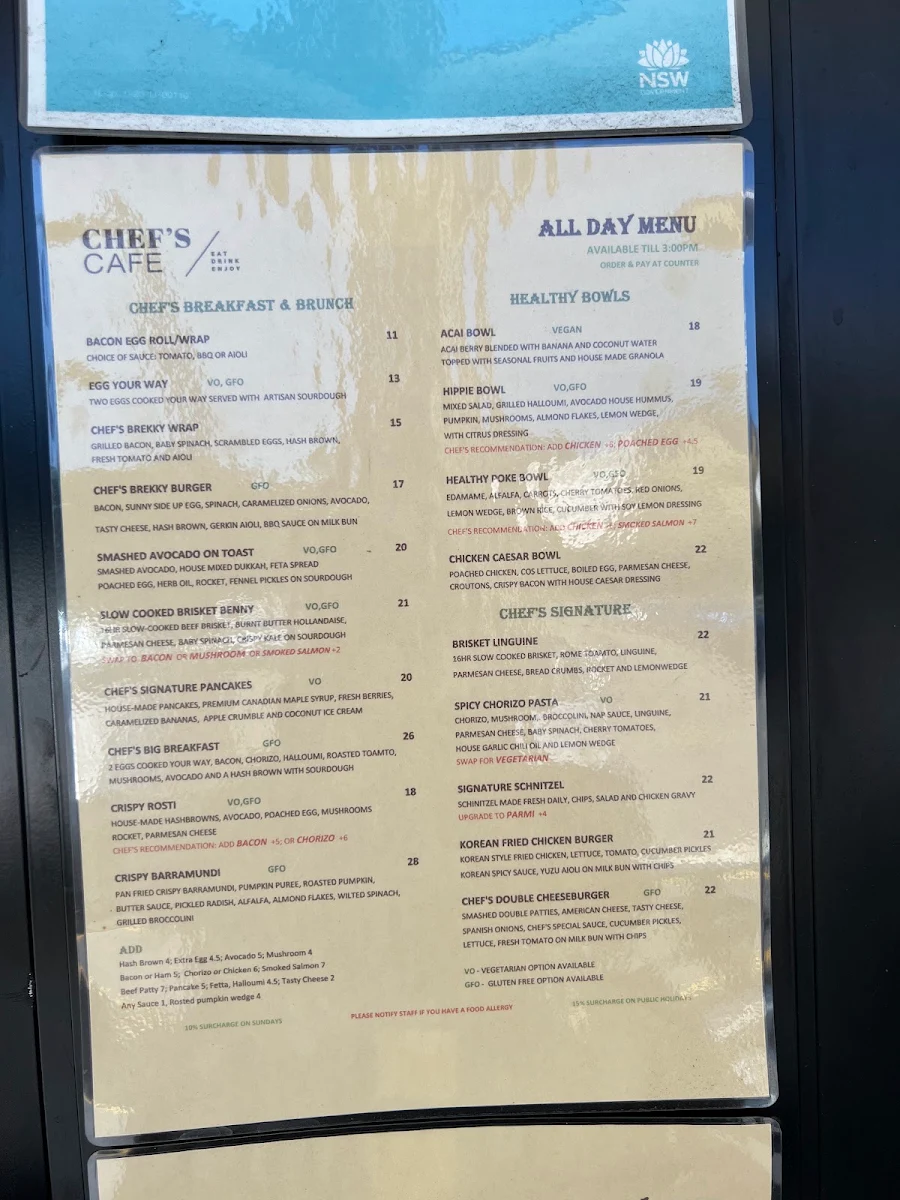 Menu, Chef's Cafe Kings Langley