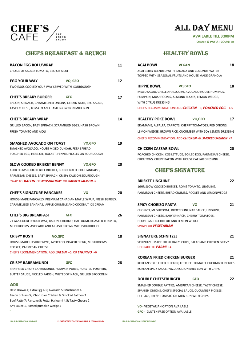 Menu, Chef's Cafe Kings Langley