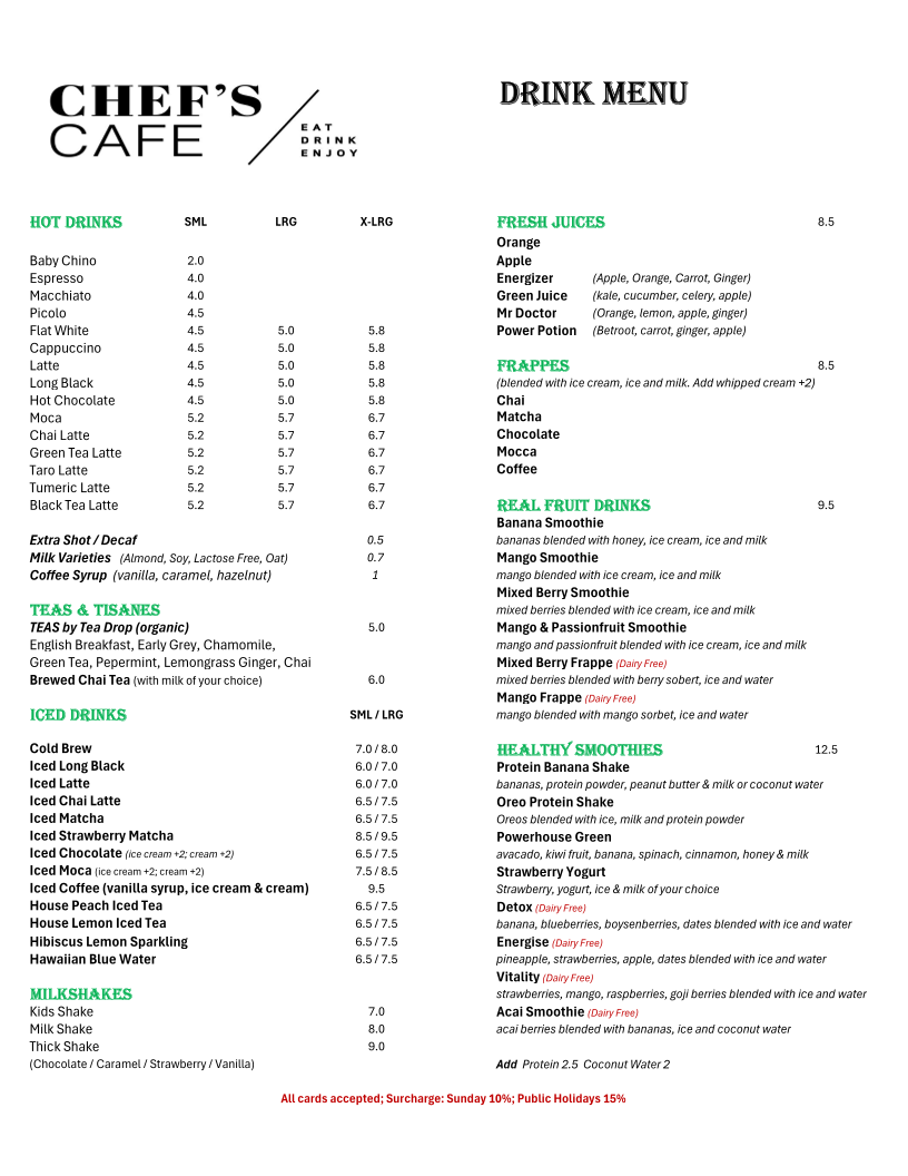 Menu, Chef's Cafe Kings Langley
