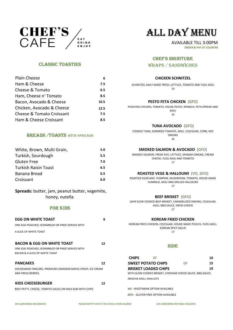 Menu, Chef's Cafe Kings Langley