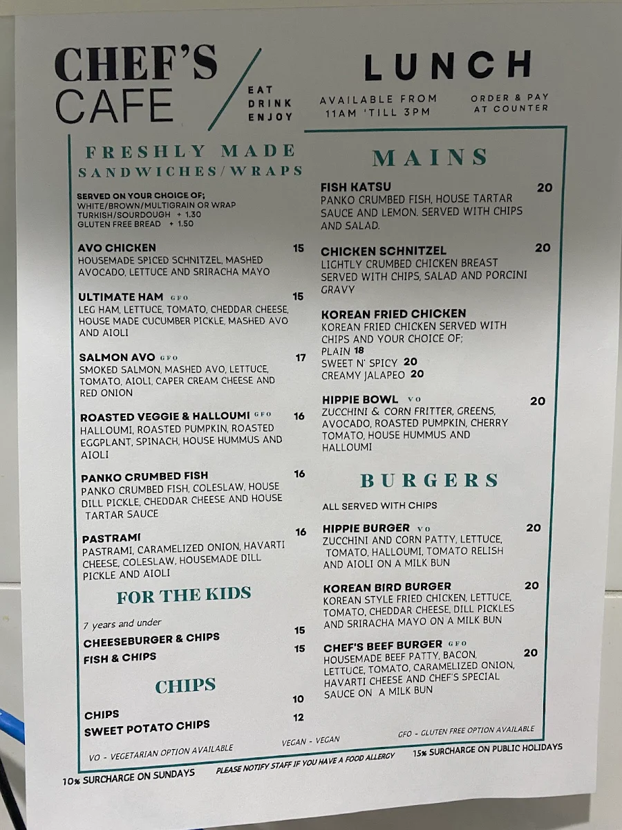 Menu, Chef's Cafe Kings Langley