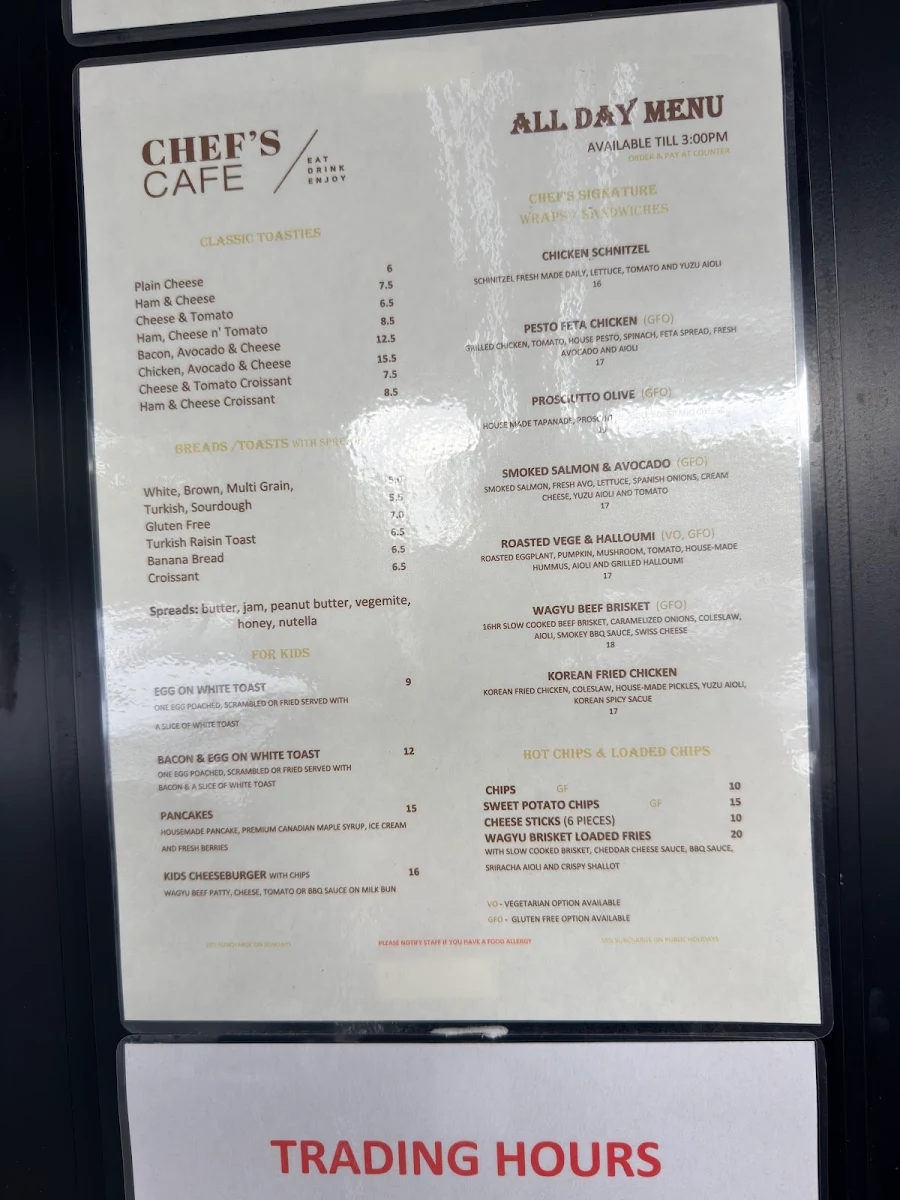 Menu, Chef's Cafe Kings Langley