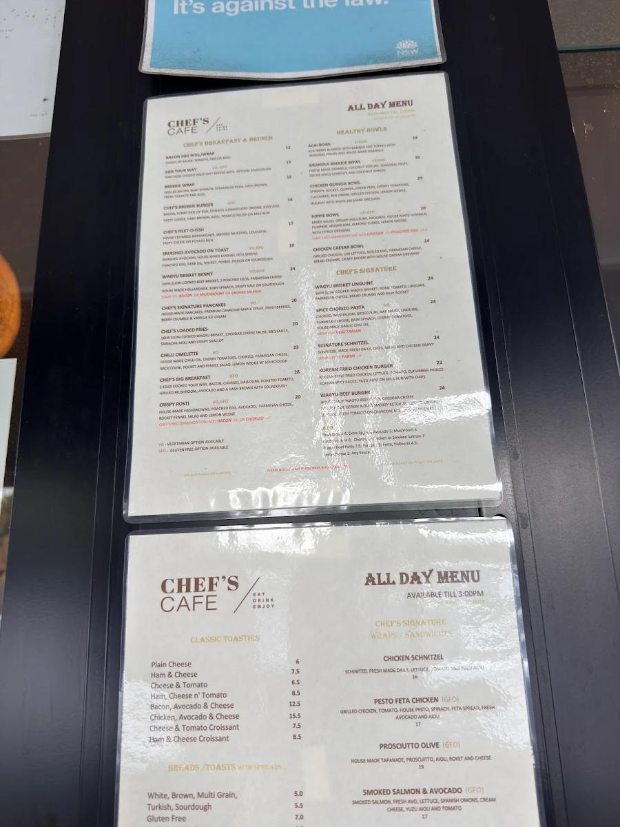 Menu, Chef's Cafe Kings Langley