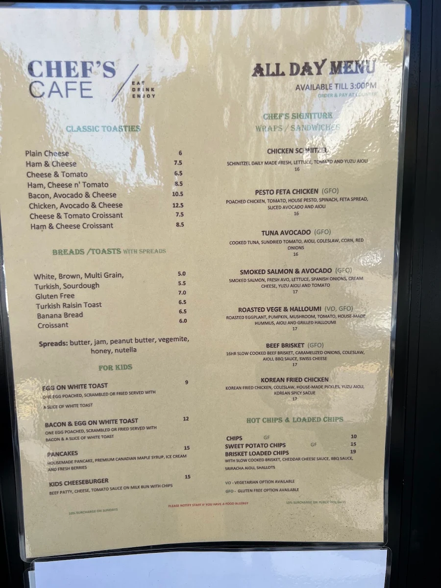 Menu, Chef's Cafe Kings Langley