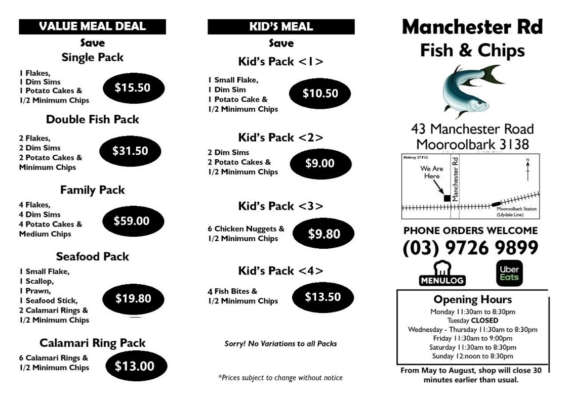 Menu, Manchester Road Fish & Chips