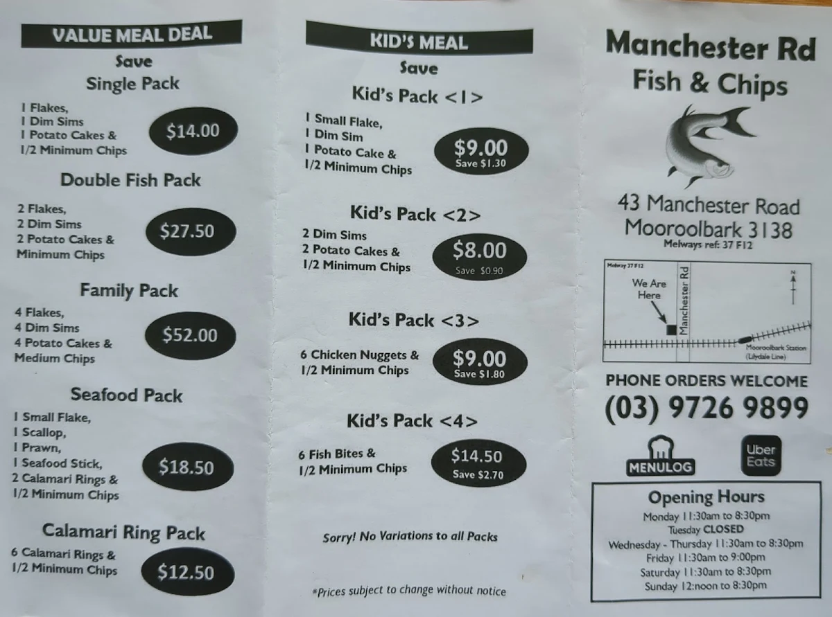 Menu, Manchester Road Fish & Chips