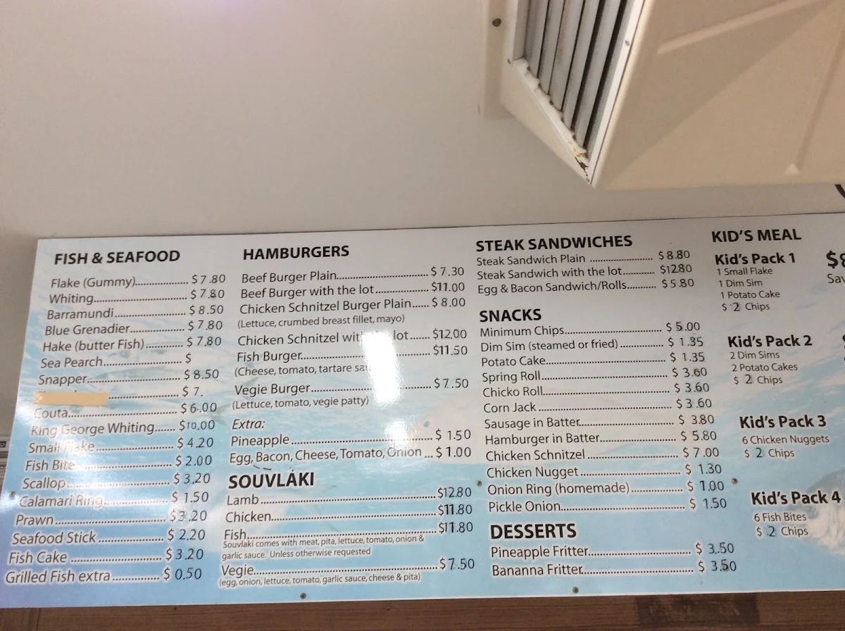 Menu, Manchester Road Fish & Chips