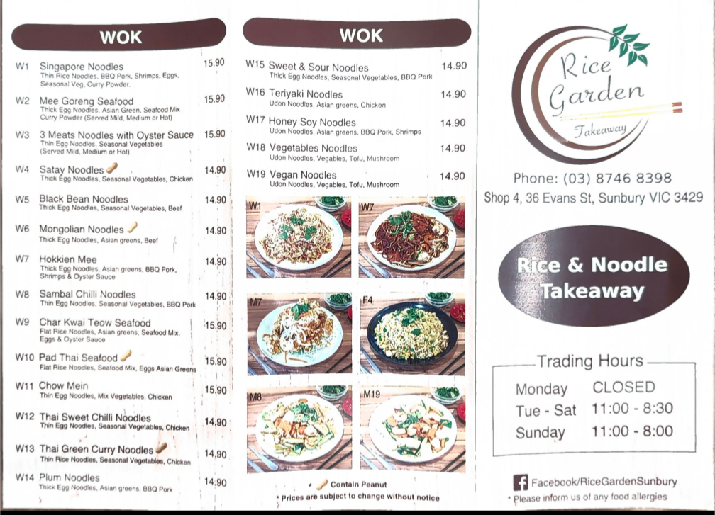 Menu, Rice Garden