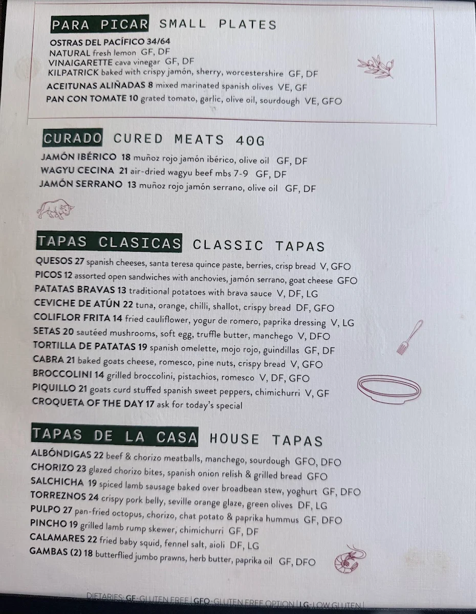 Menu, Olé Restaurant