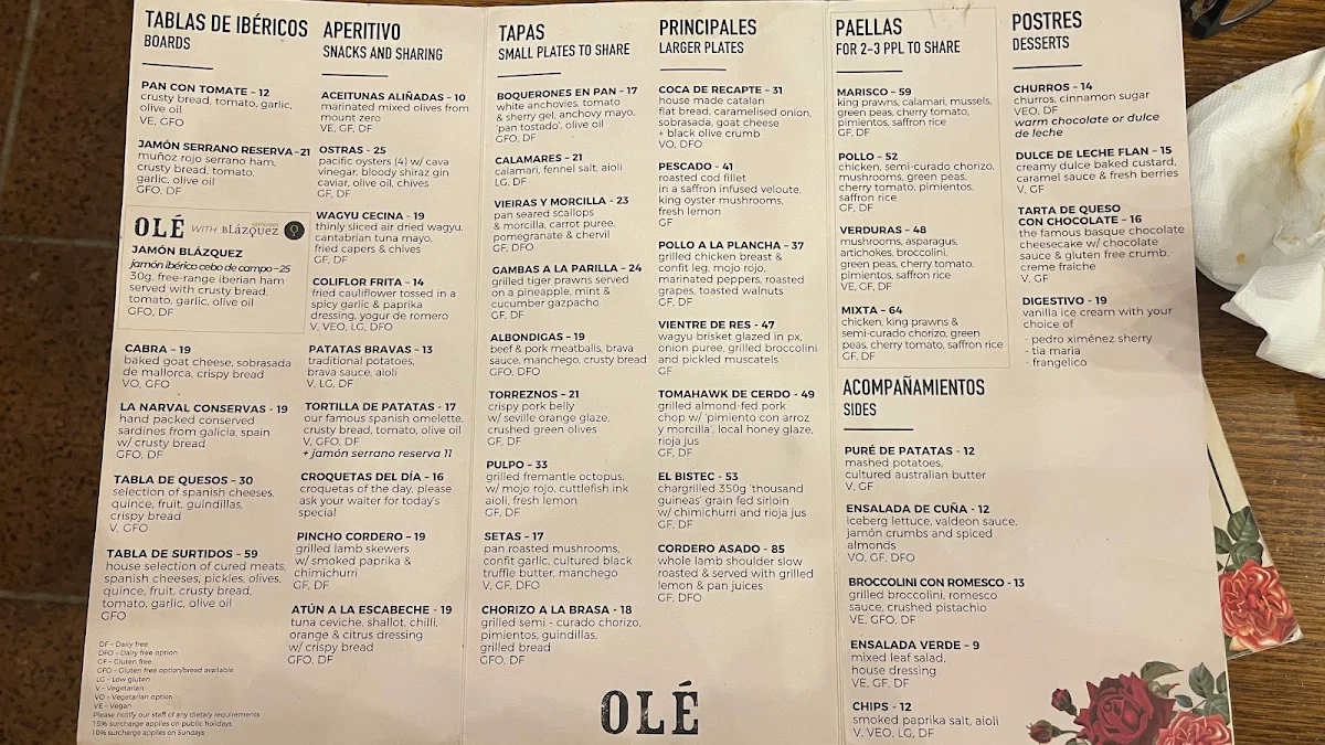 Menu, Olé Restaurant