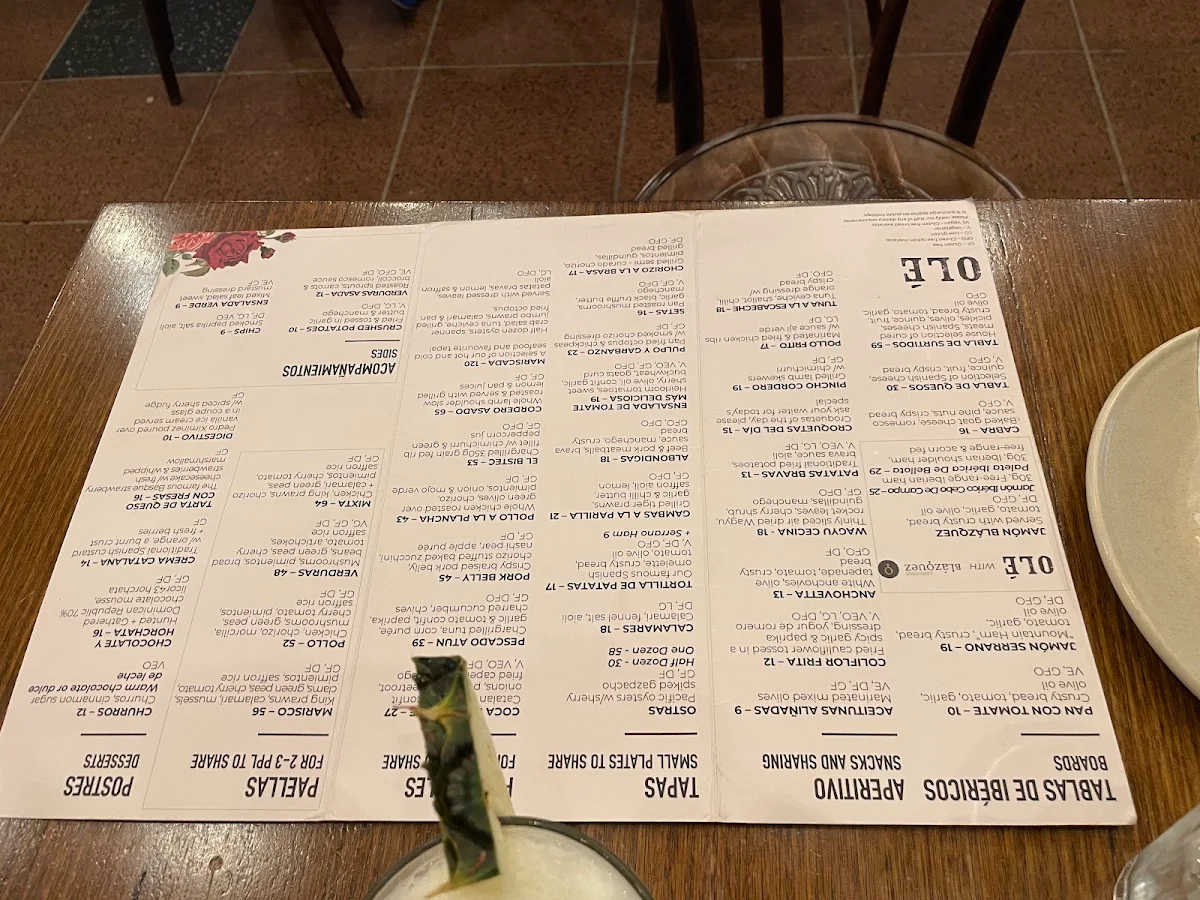Menu, Olé Restaurant