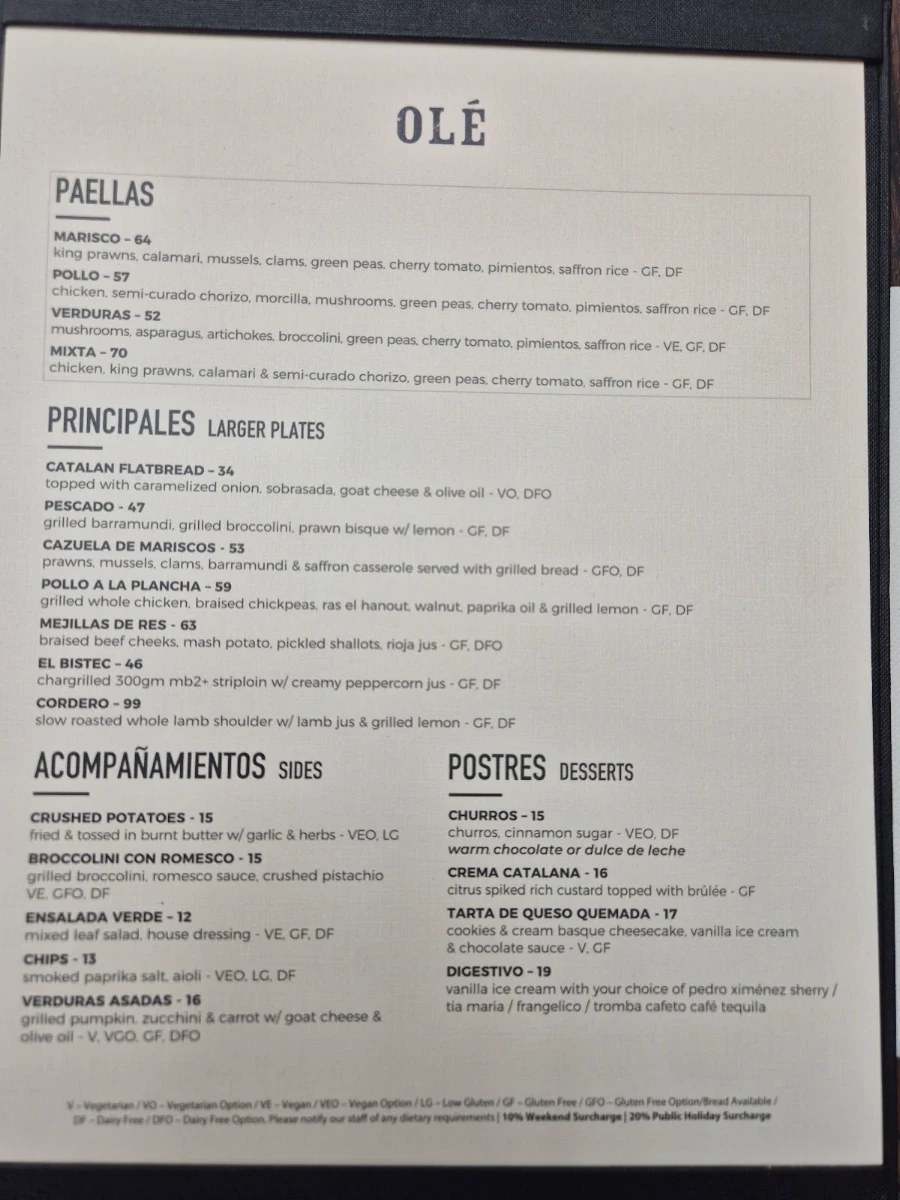 Menu, Olé Restaurant
