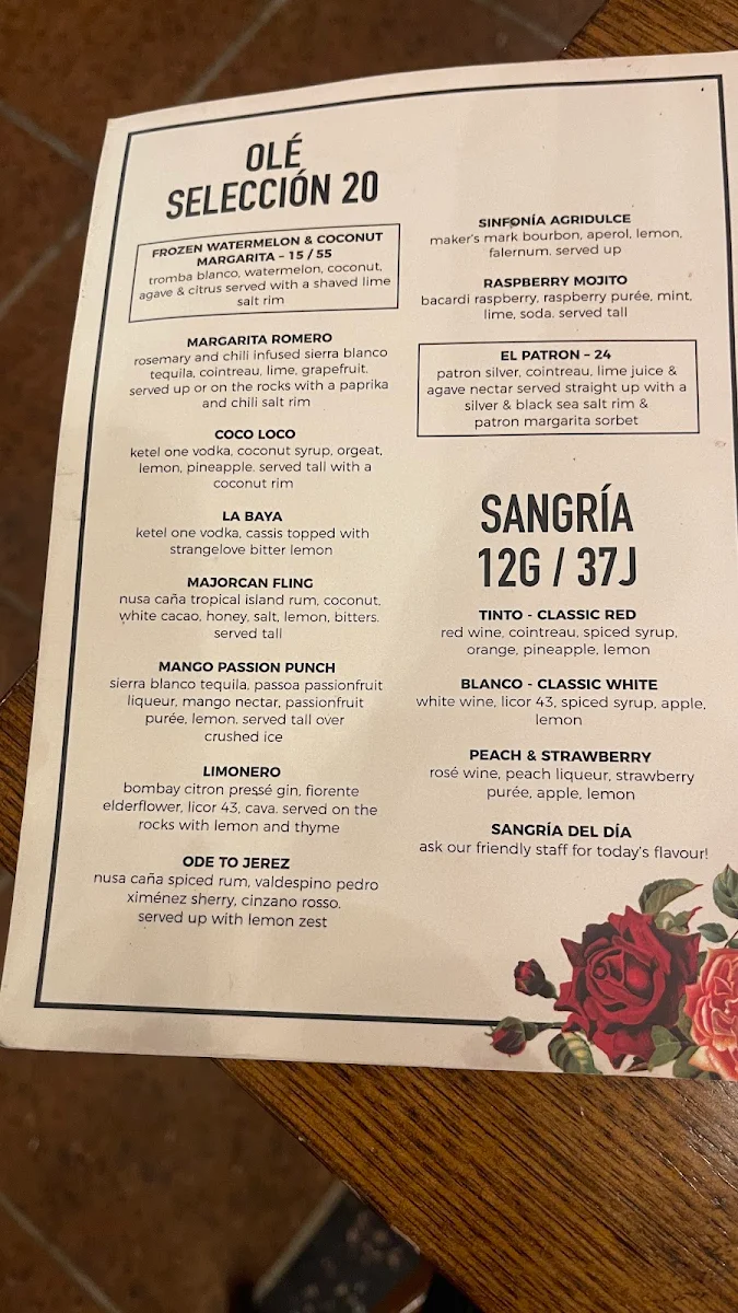 Menu, Olé Restaurant