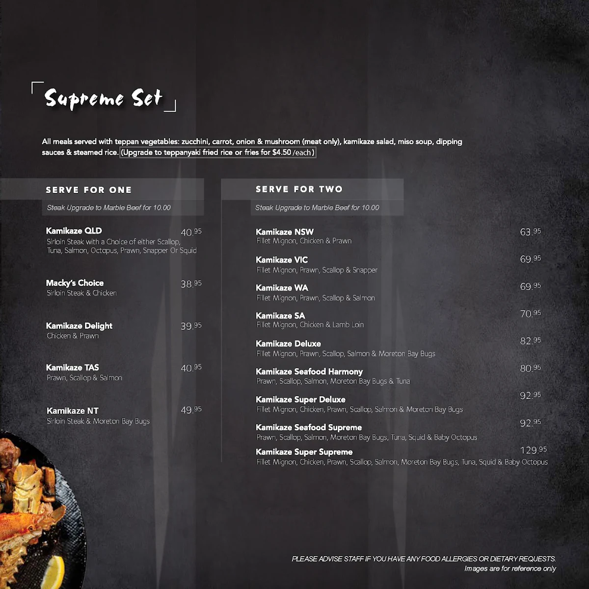 Menu, Kamikaze Teppanyaki Pacific Fair