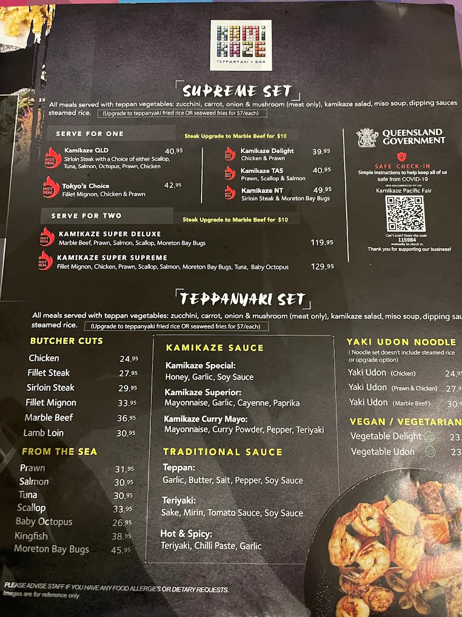 Menu, Kamikaze Teppanyaki Pacific Fair