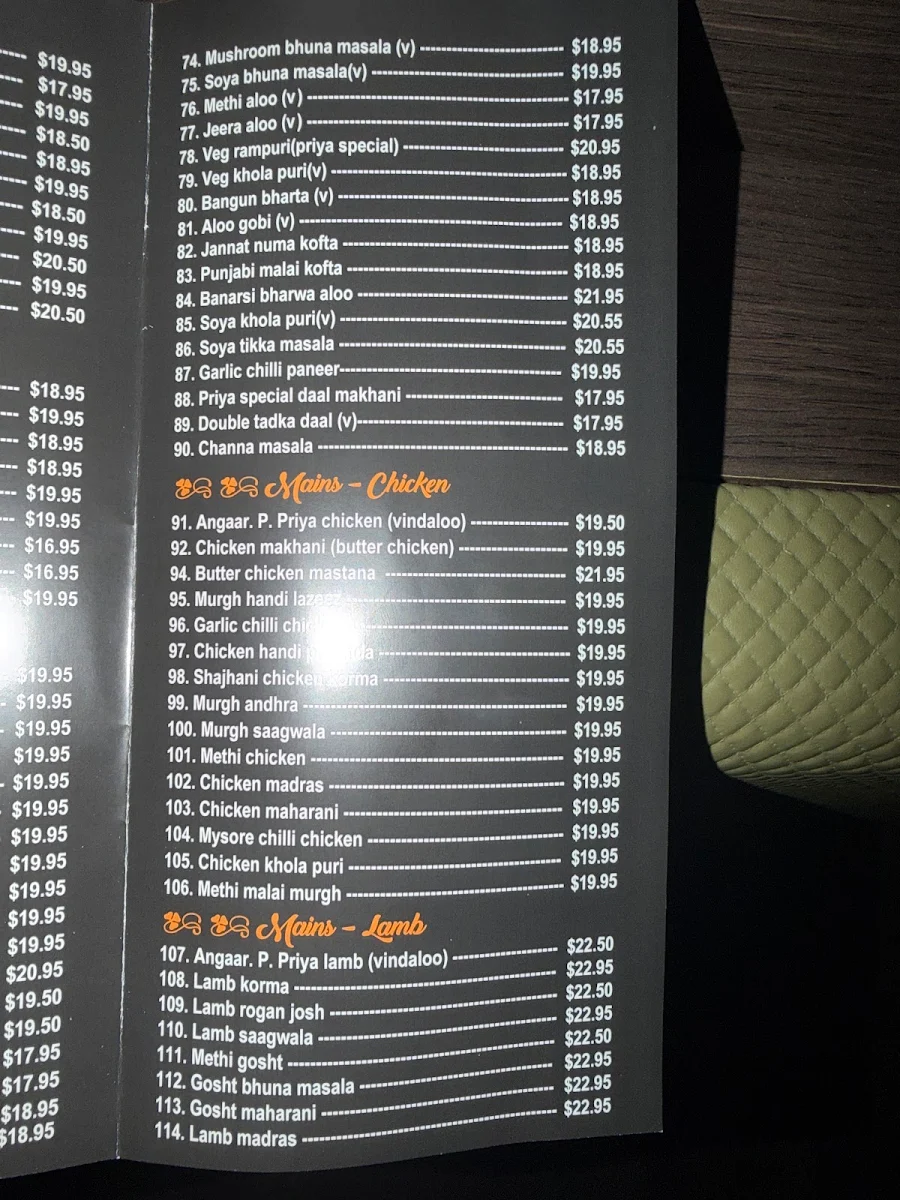 Menu, Priya