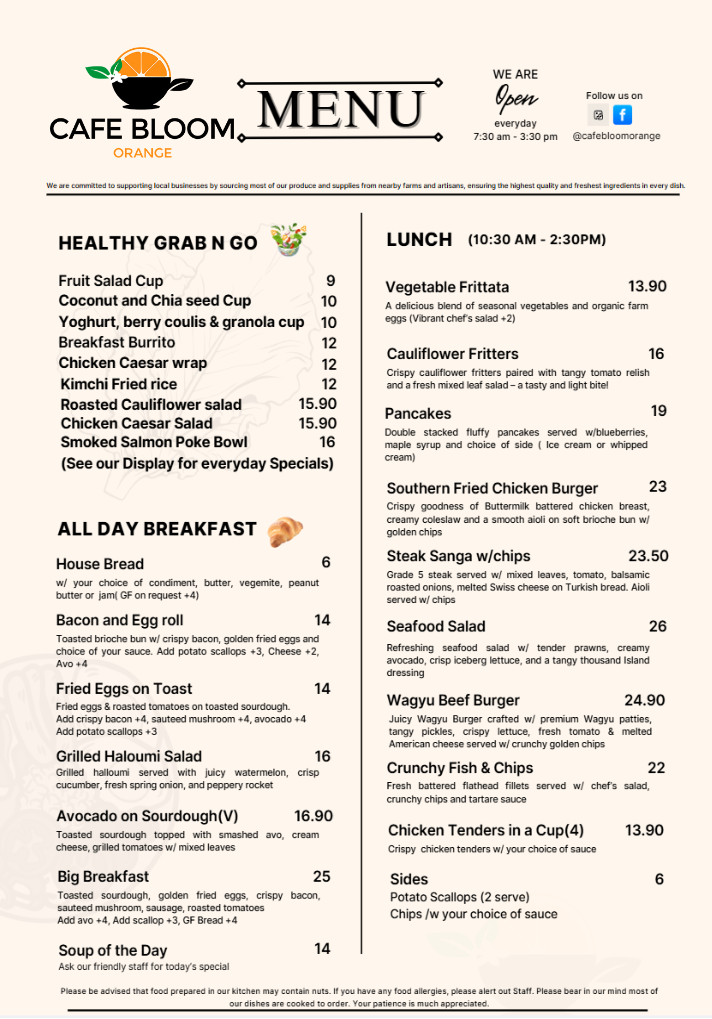 Menu, Café Bloom