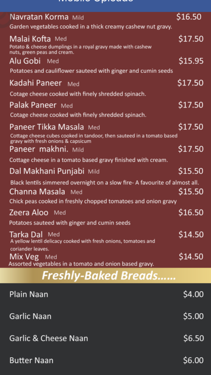 Menu, Curry Palace Indian Restaurant.