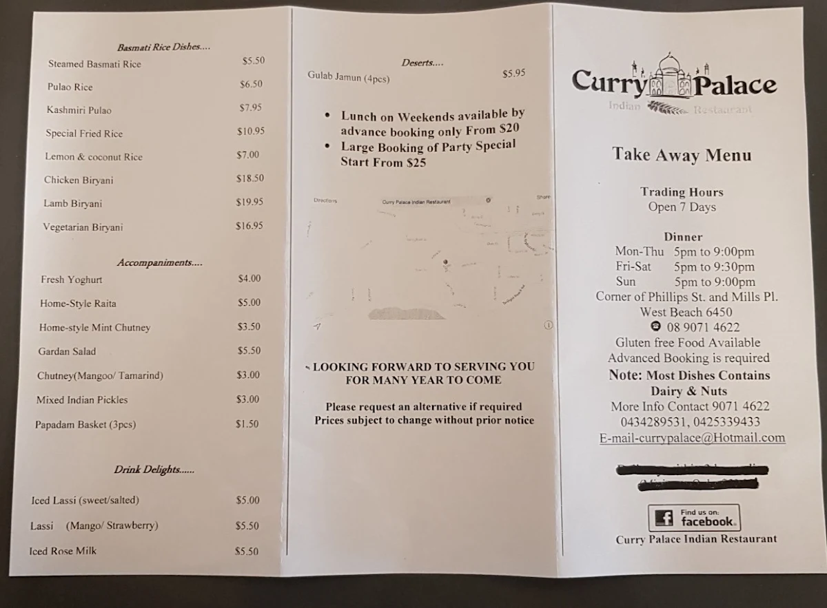 Menu, Curry Palace Indian Restaurant.