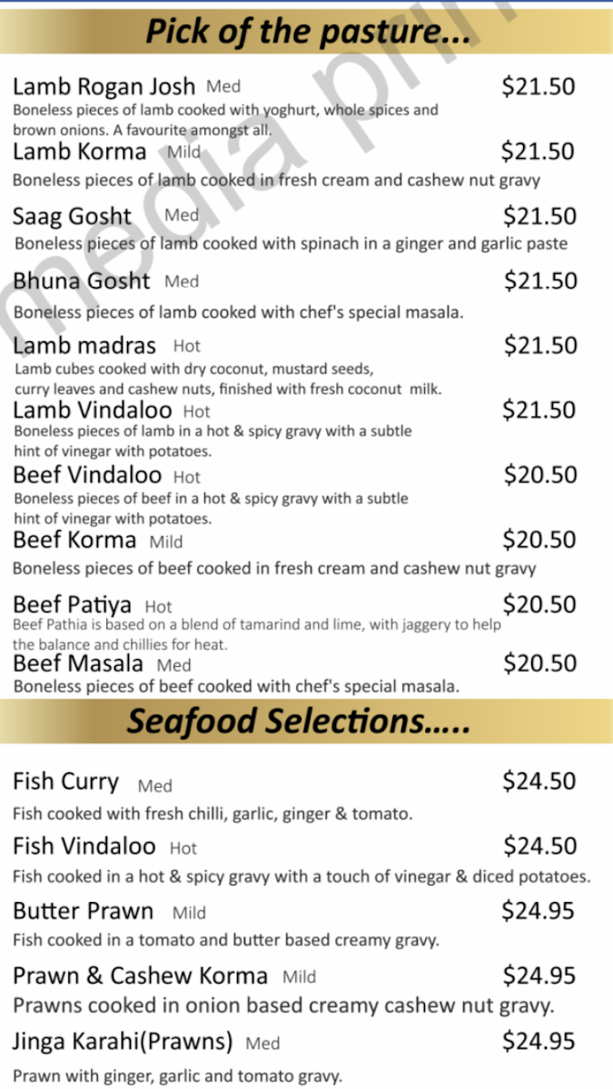 Menu, Curry Palace Indian Restaurant.