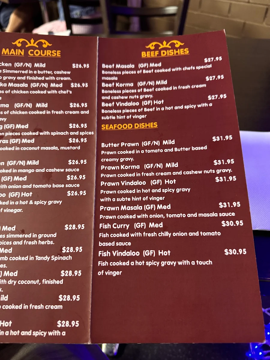 Menu, Curry Palace Indian Restaurant.