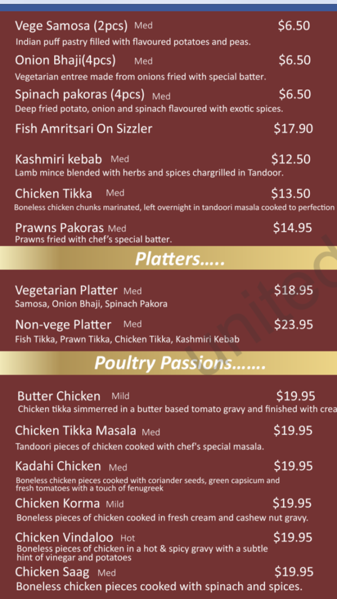 Menu, Curry Palace Indian Restaurant.