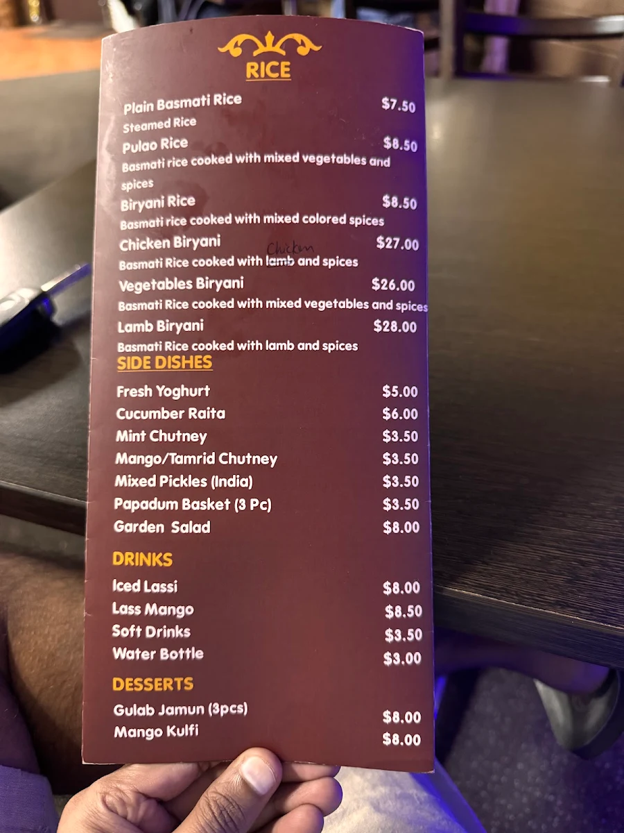 Menu, Curry Palace Indian Restaurant.
