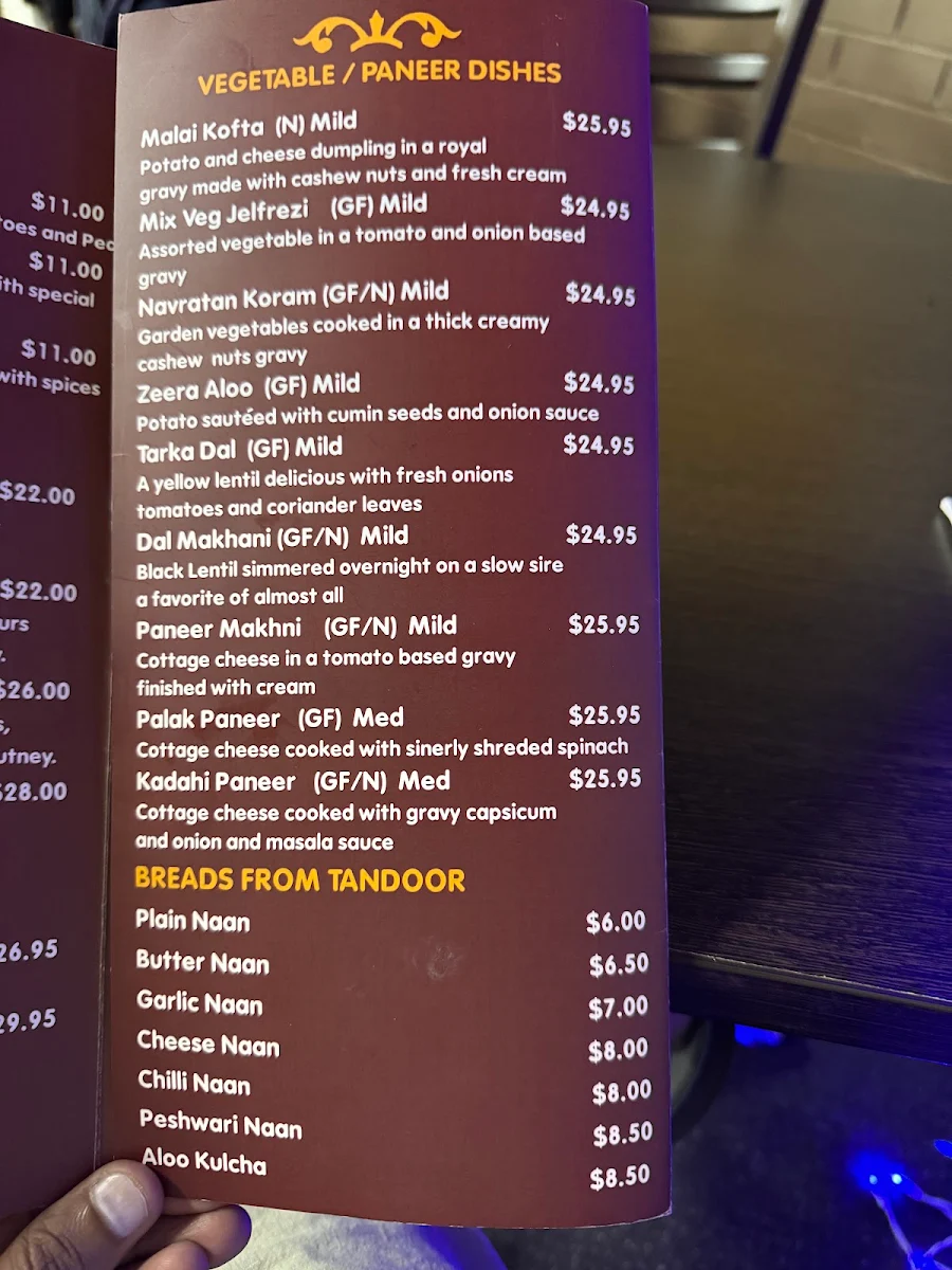 Menu, Curry Palace Indian Restaurant.
