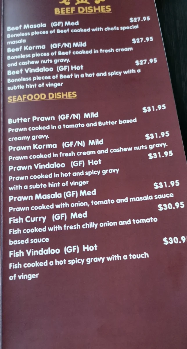 Menu, Curry Palace Indian Restaurant.