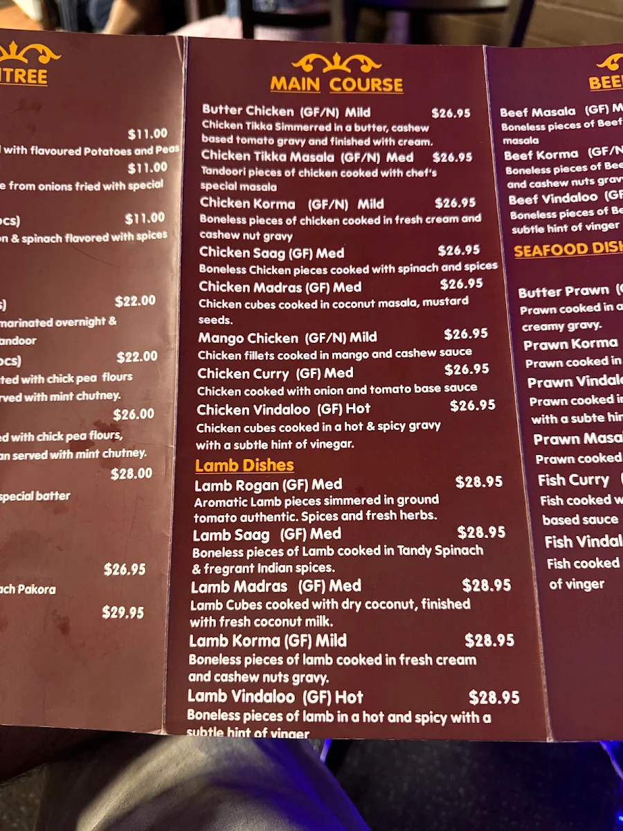 Menu, Curry Palace Indian Restaurant.