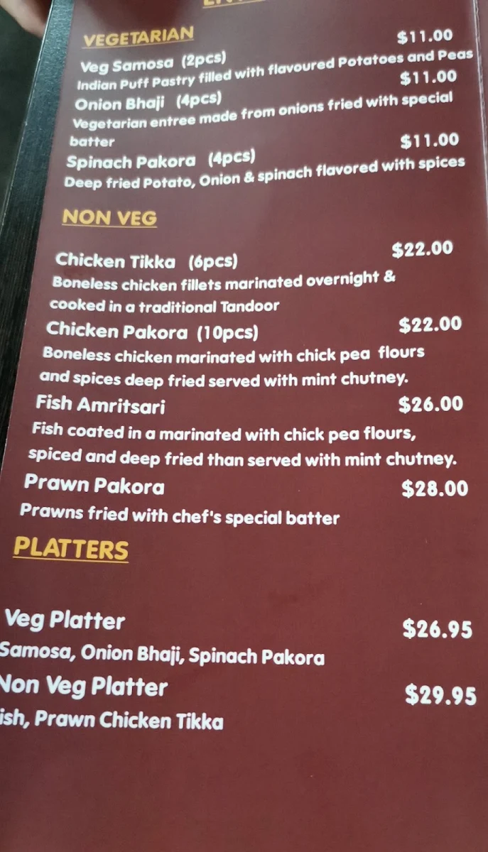 Menu, Curry Palace Indian Restaurant.