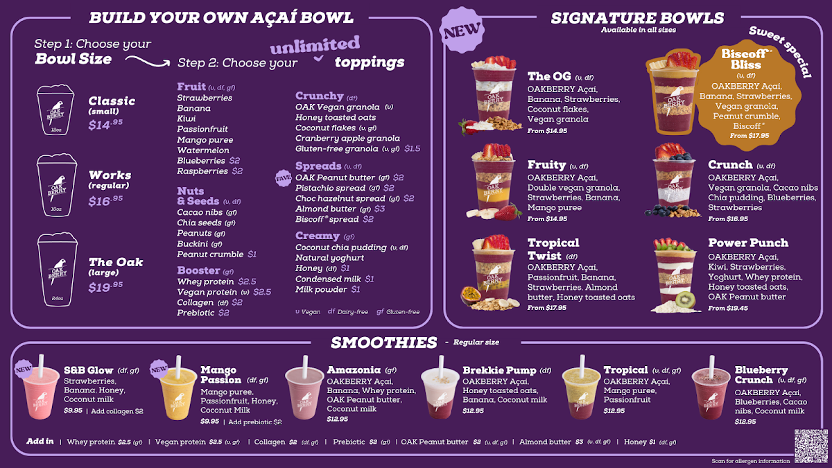 Menu, Oakberry Acai Malvern