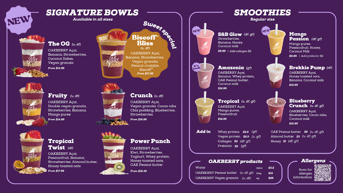 Menu, Oakberry Acai Malvern