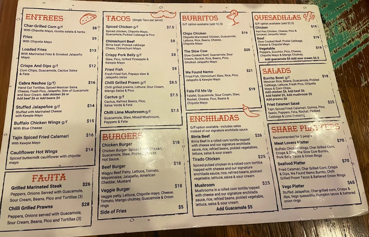 Menu, La Cabra Mexican Carlton