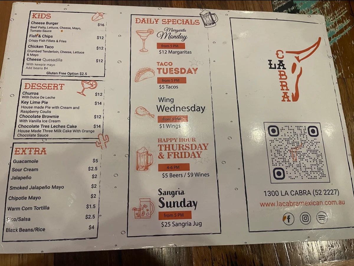 Menu, La Cabra Mexican Carlton