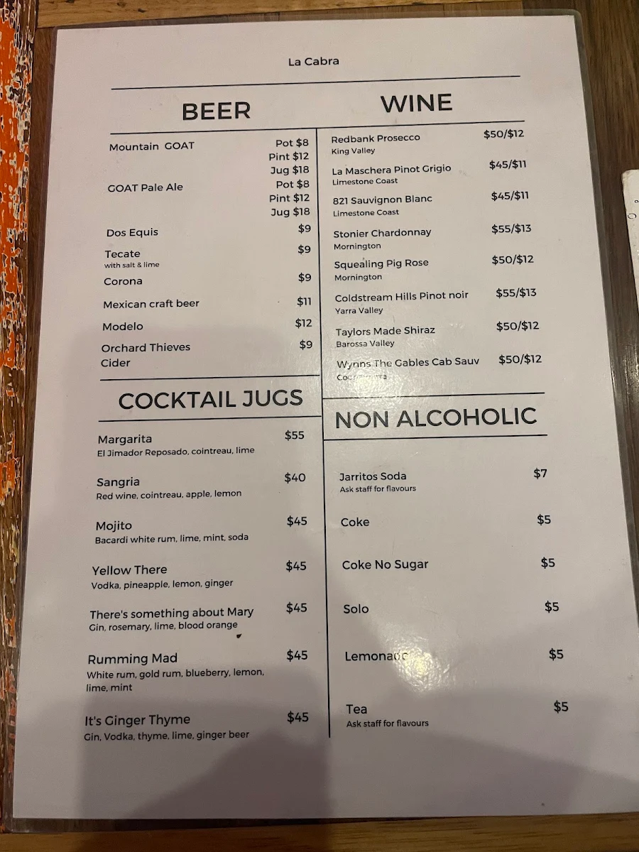 Menu, La Cabra Mexican Carlton