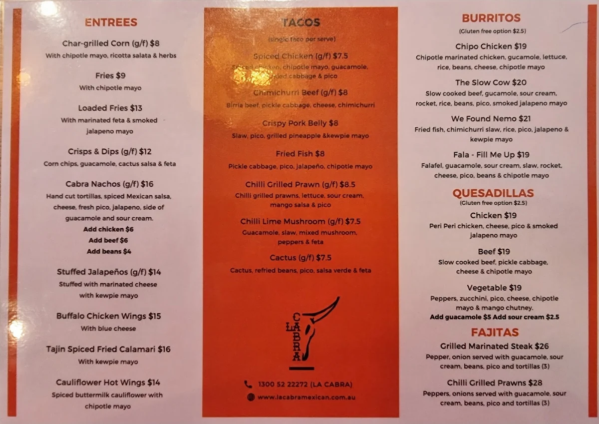 Menu, La Cabra Mexican Carlton
