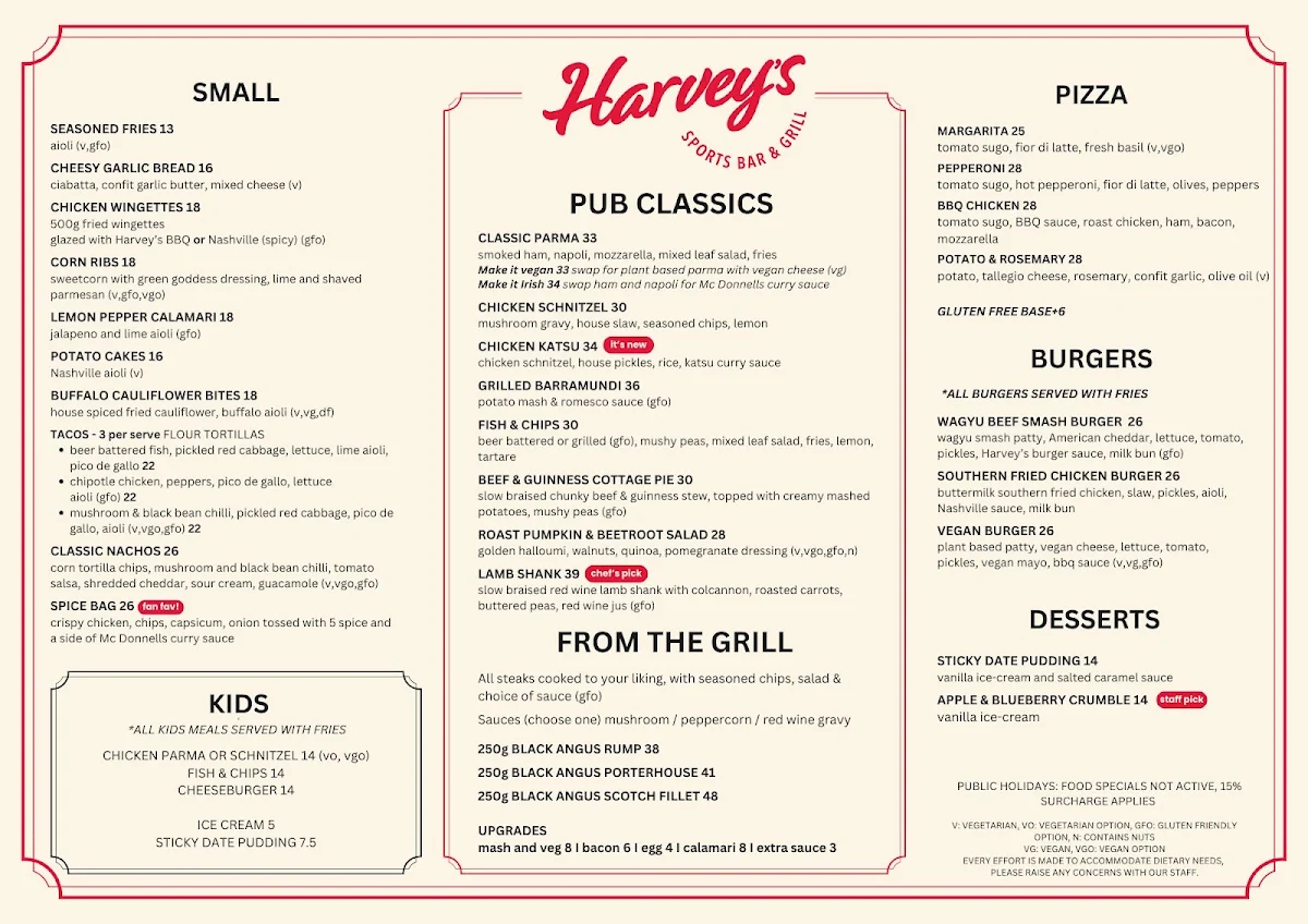 Menu, Harvey's Sports Bar & Grill