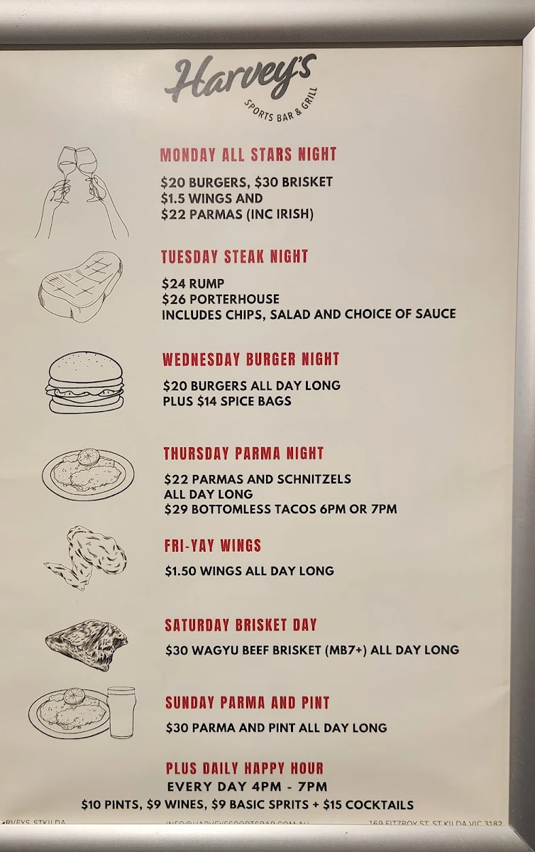 Menu, Harvey's Sports Bar & Grill