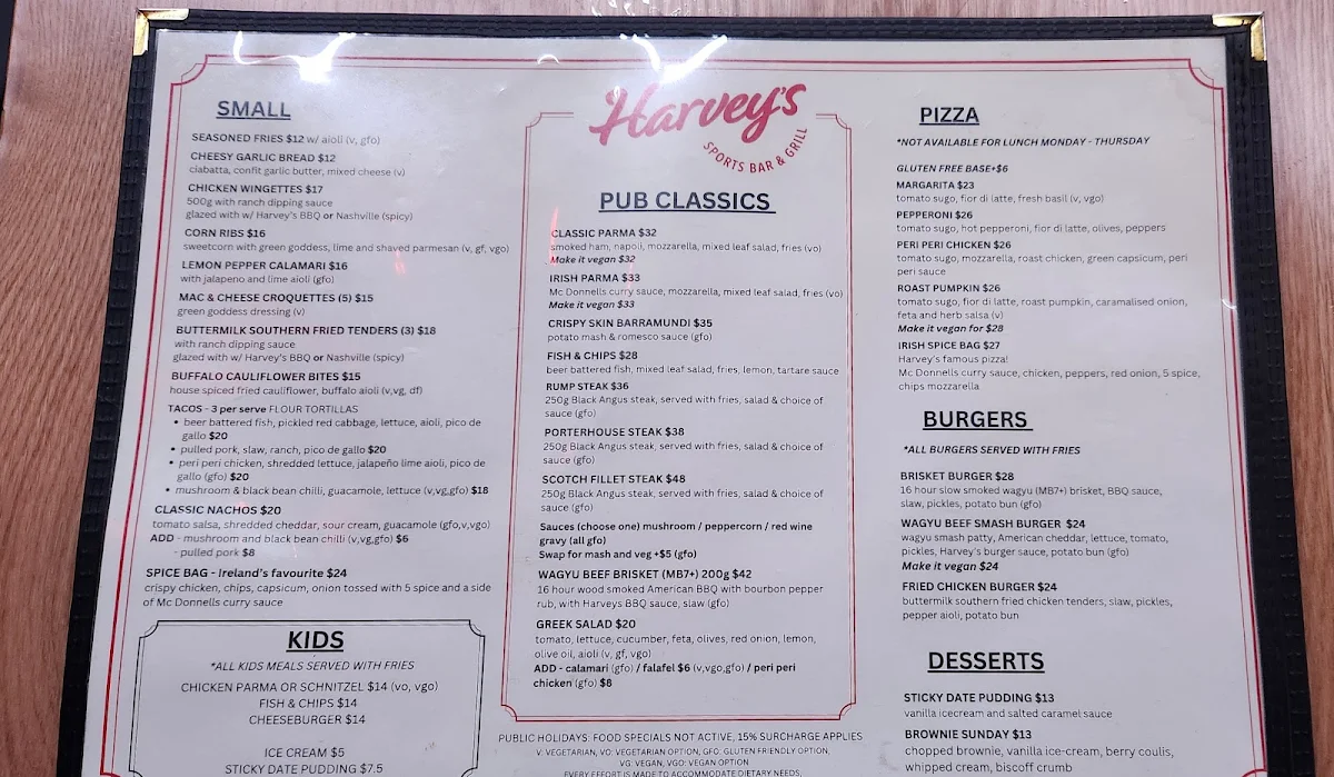 Menu, Harvey's Sports Bar & Grill