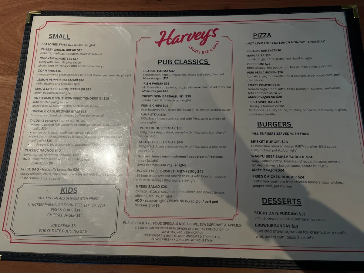 Menu, Harvey's Sports Bar & Grill
