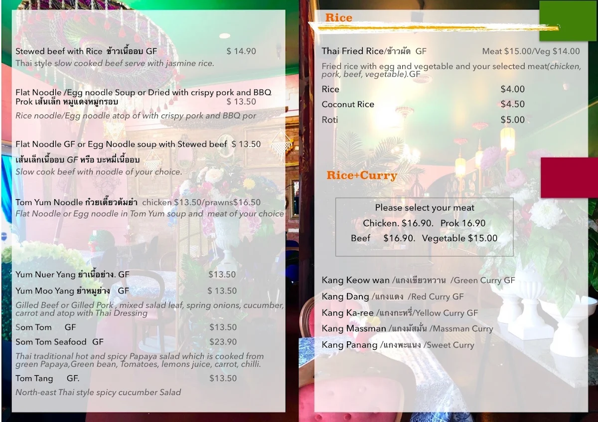 Menu, Mali in Bendigo(Mali Thai)