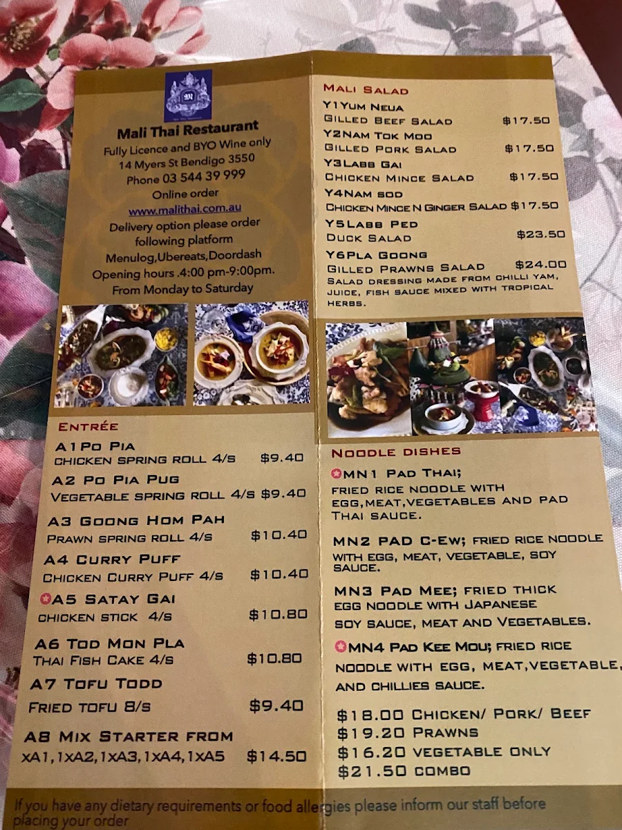 Menu, Mali in Bendigo(Mali Thai)