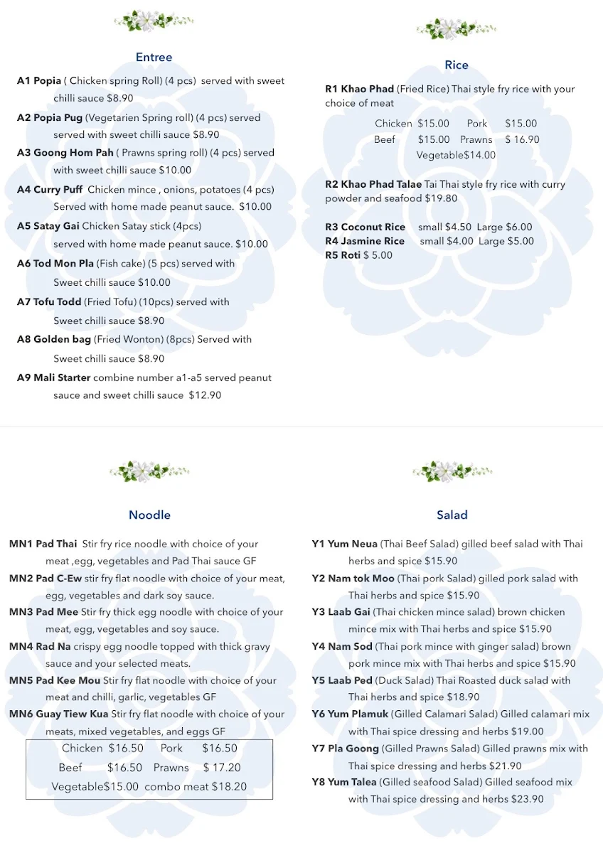 Menu, Mali in Bendigo(Mali Thai)