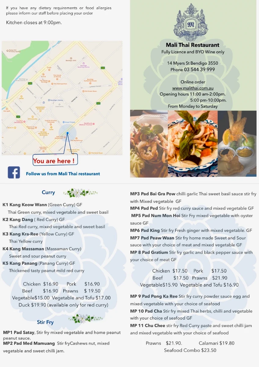 Menu, Mali in Bendigo(Mali Thai)