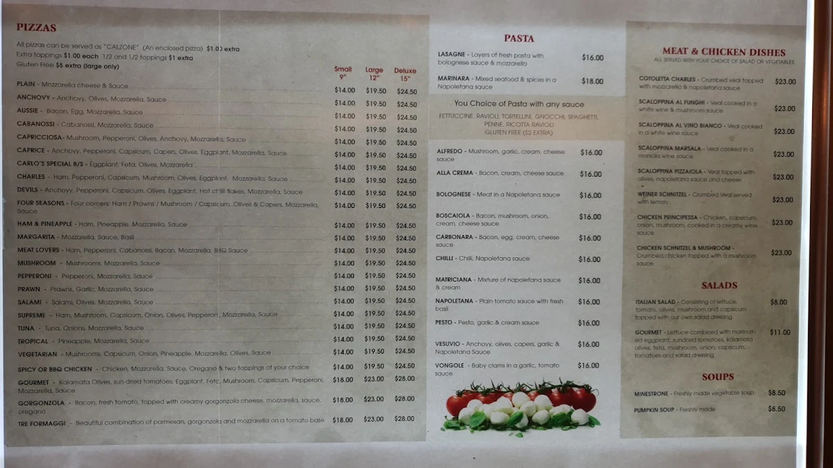 Menu, Carlos Naples Pizza Restaurant