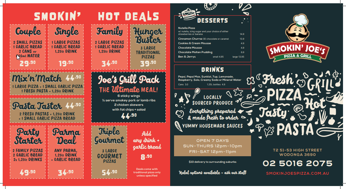 Menu, Smokin joes pizza and grill wodonga