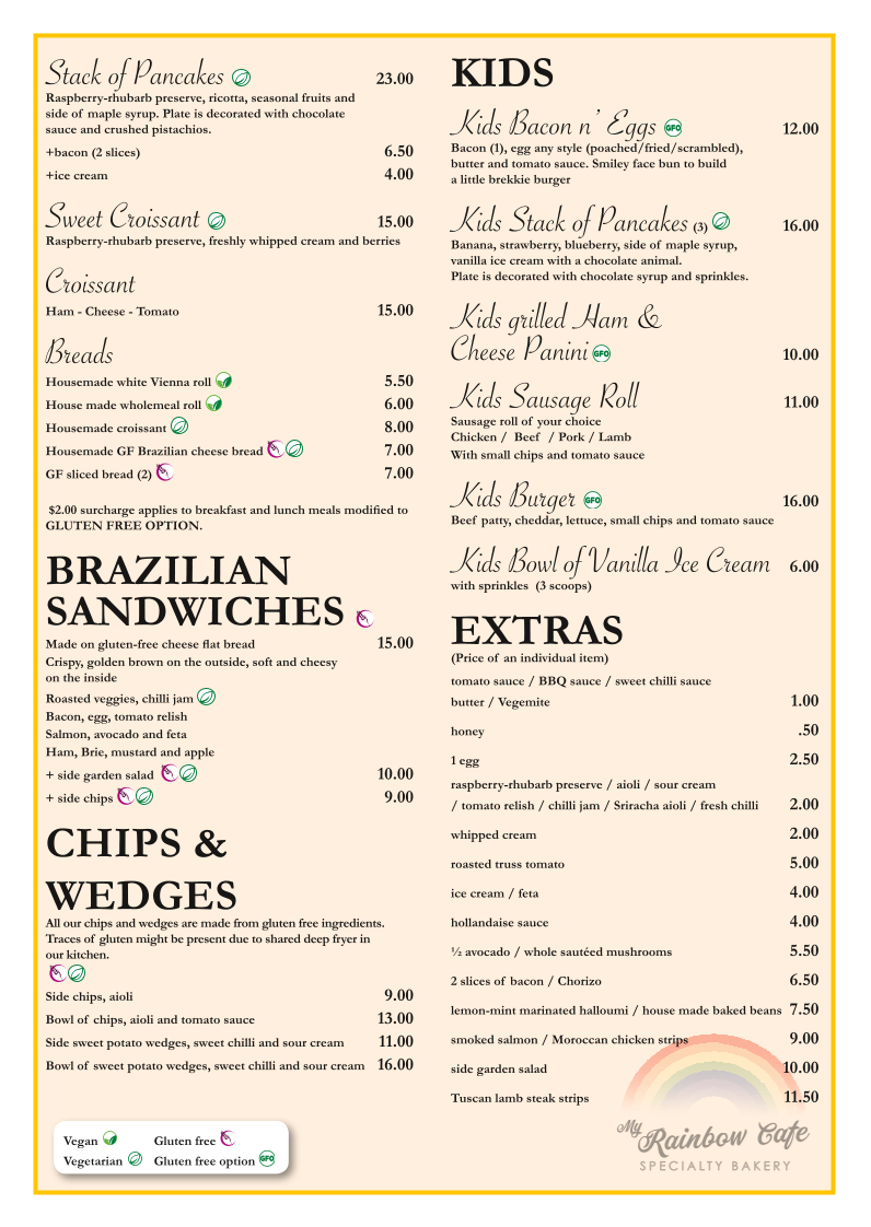 Menu, My Rainbow Cafe, Bakery & Catering