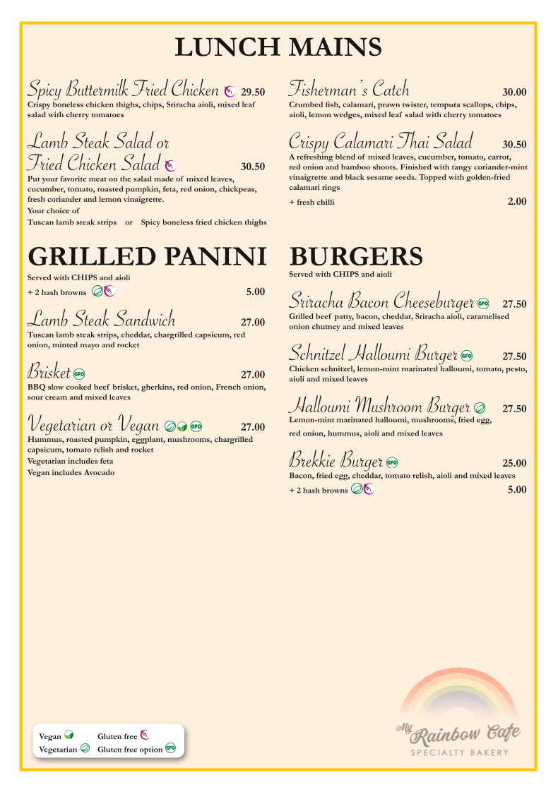 Menu, My Rainbow Cafe, Bakery & Catering